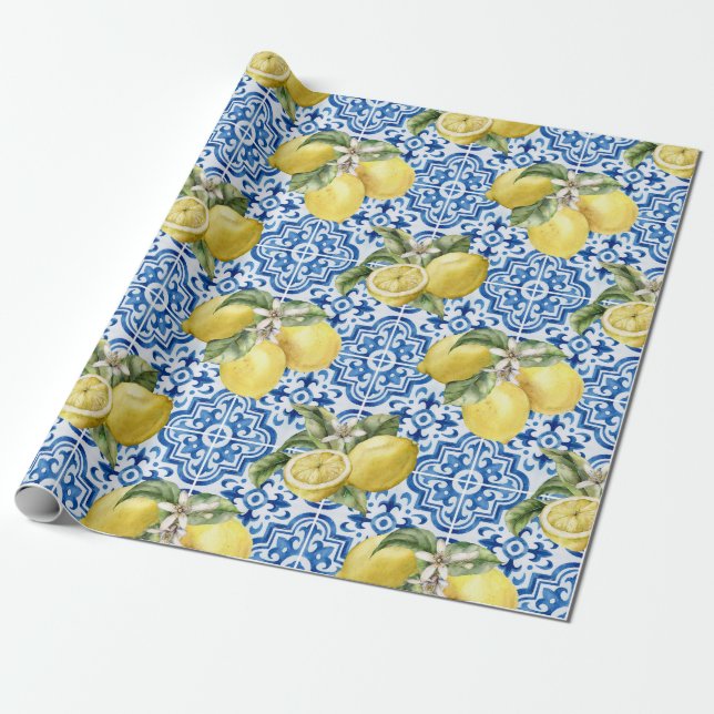 Blue White Lemon Tile Mediterranean Pattern Geschenkpapier (Ungerollt)