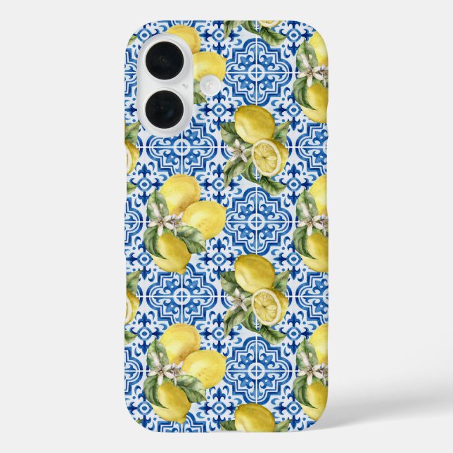 Blue White Lemon Tile Mediterranean Pattern iPhone 16 Hülle (Rückseite)