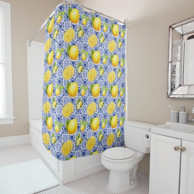 Blue White Lemon Tile Pattern Mediterranean Citrus Duschvorhang (Beispiel)