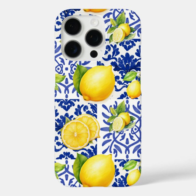 Blue White Lemon Tile Pattern Mediterranean Citrus iPhone 16 Pro Hülle (Rückseite)