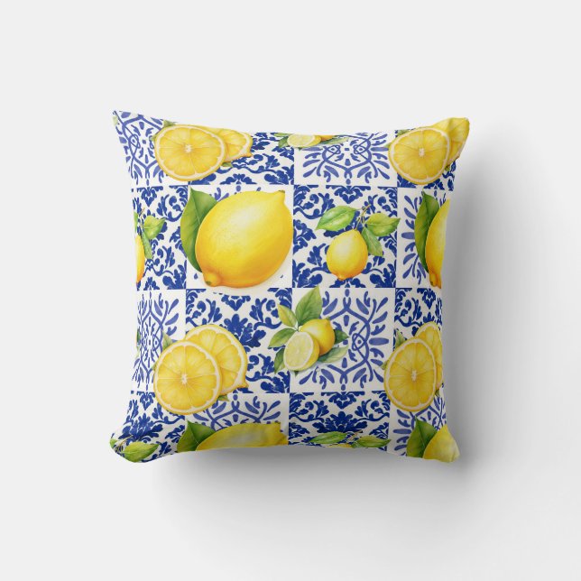 Blue White Lemon Tile Pattern Mediterranean Citrus Kissen (Vorderseite)