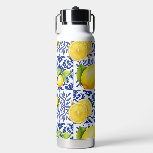 Blue White Lemon Tile Pattern Mediterranean Citrus Trinkflasche (Vorderseite)