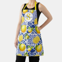 Blue White Lemon Tile Pattern Monogram Name Citrus