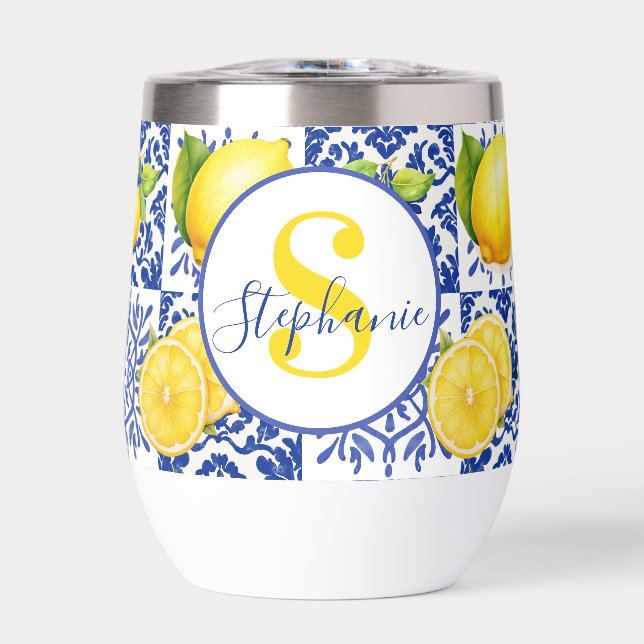 Blue White Lemon Tile Pattern Name Monogram Citrus (Vorderseite)