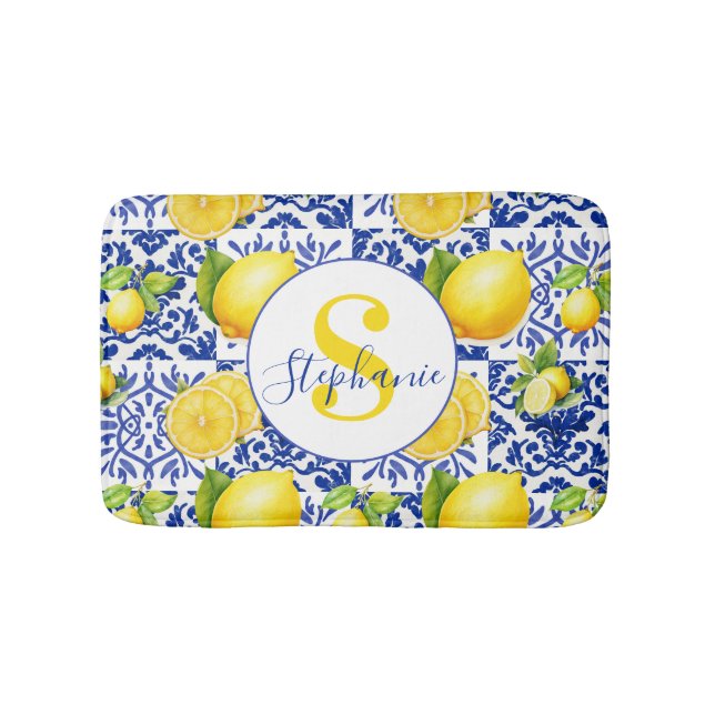 Blue White Lemon Tile Pattern Name Monogram Citrus Badematte (Vorderseite)