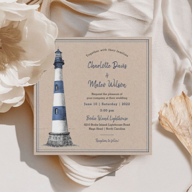 Blue White Lighthouse Kraft Wedding Einladung (Von Creator hochgeladen)
