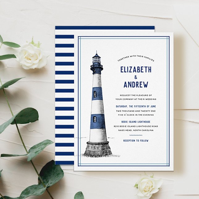 Blue White Lighthouse Wedding Einladung (Von Creator hochgeladen)