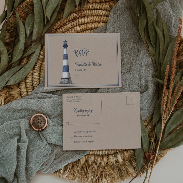 Blue White Lighthouse Wedding RSVP Postcard Postkarte (Von Creator hochgeladen)