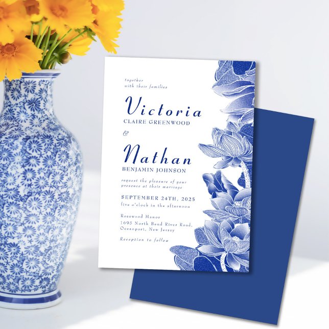 Blue & White Lotus Floral Chinoiserie Hochzeit Einladung (Von Creator hochgeladen)