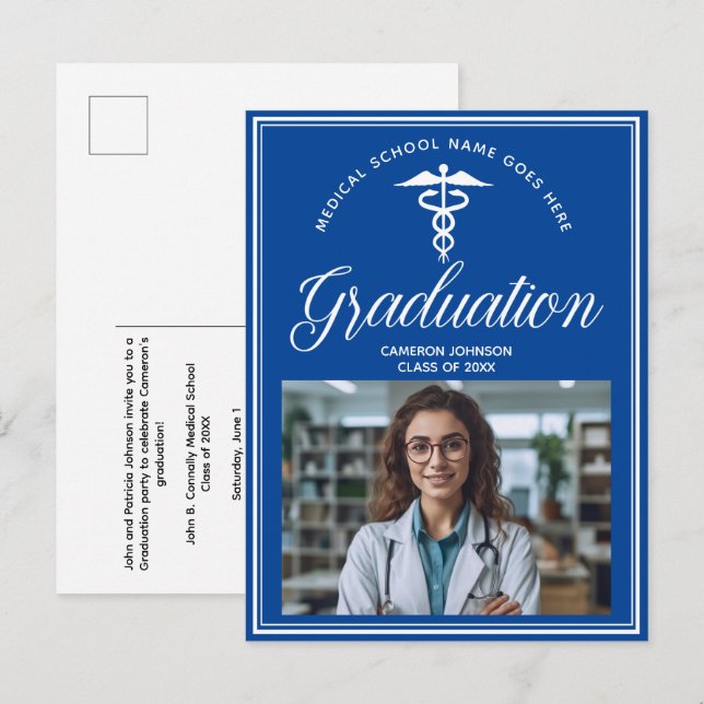 Blue White Medical School Foto Abschluss Einladungspostkarte (Vorne/Hinten)