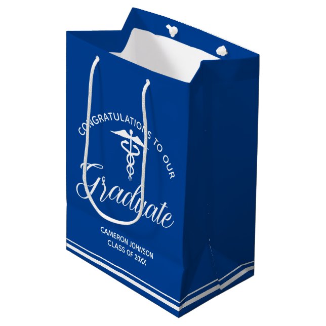 Blue White Medical School Graduation Party Mittlere Geschenktüte (Vorderseite Schrägansicht)