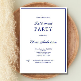 Blue White Minimal Simple Modern Retirement Party Einladung
