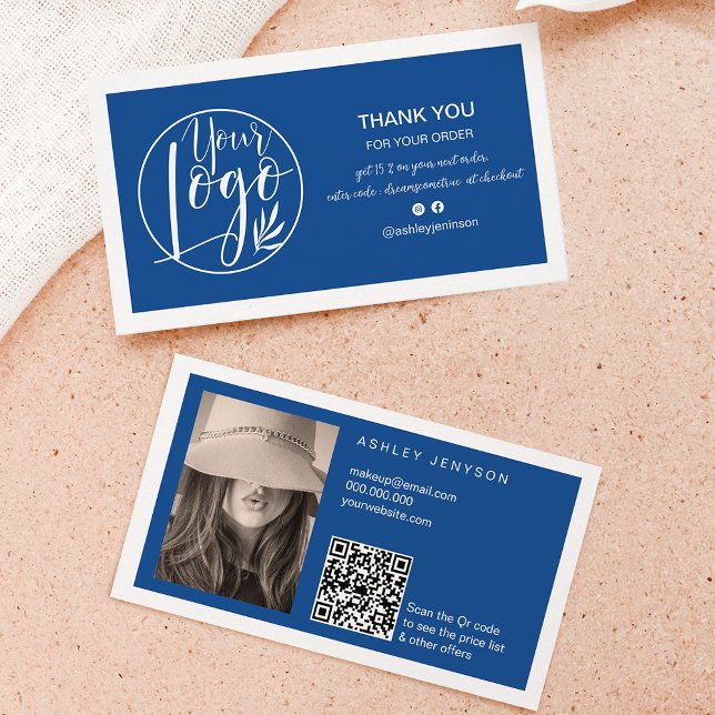 Blue white minimalist logo Qr order thank you Visitenkarte (Blue white minimalist logo Qr order thank you Business Card)
