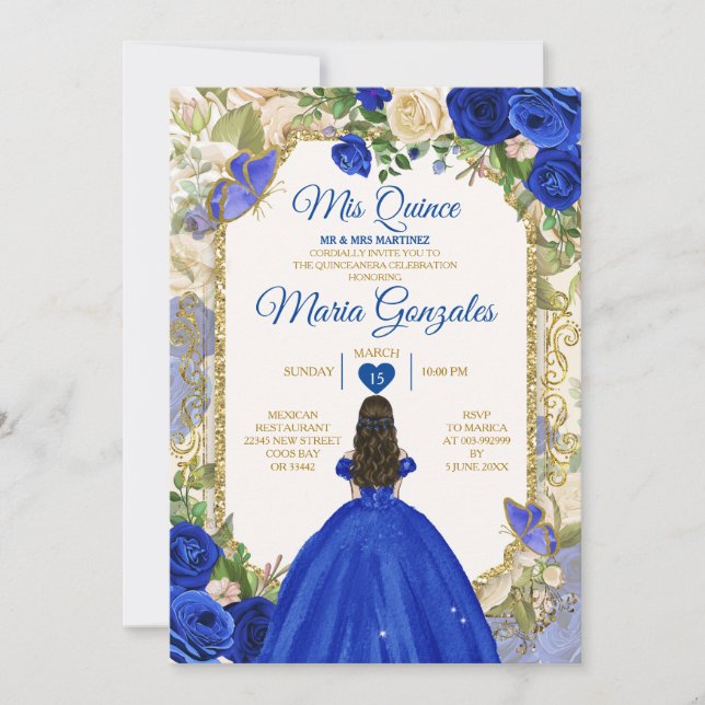 Blue & White Mis Quince 15 Anos Gold Crown Einladung (Vorderseite)