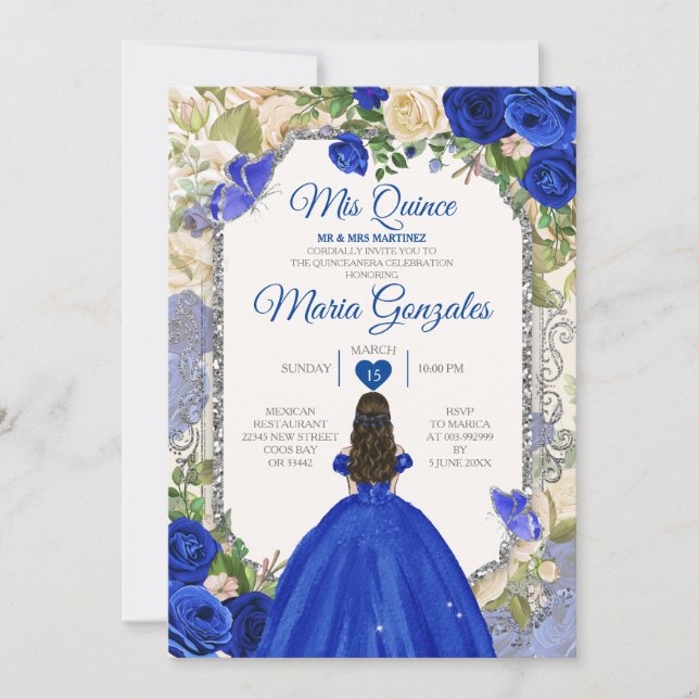 Blue & White Mis Quince 15 Anos Silver Crown Einladung (Vorderseite)