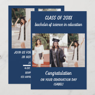 Blue White Modern Photo Graduation Announcement Einladung