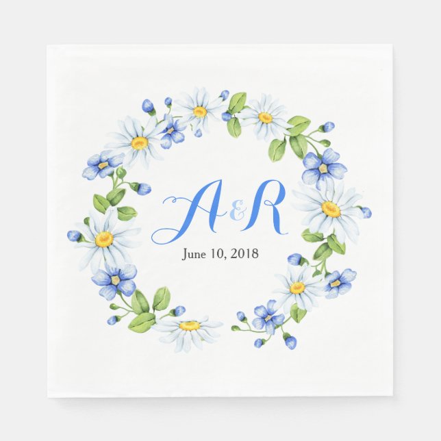 Blue White Monogram Daisy Floral Wedding Serviette (Vorderseite)