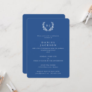 Blue+White Monogram Laurel Wreath Abschluss Einladung