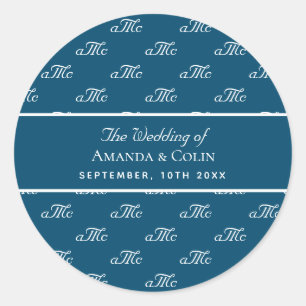 Blue White Monogram Paar Initials Hochzeit Runder Aufkleber