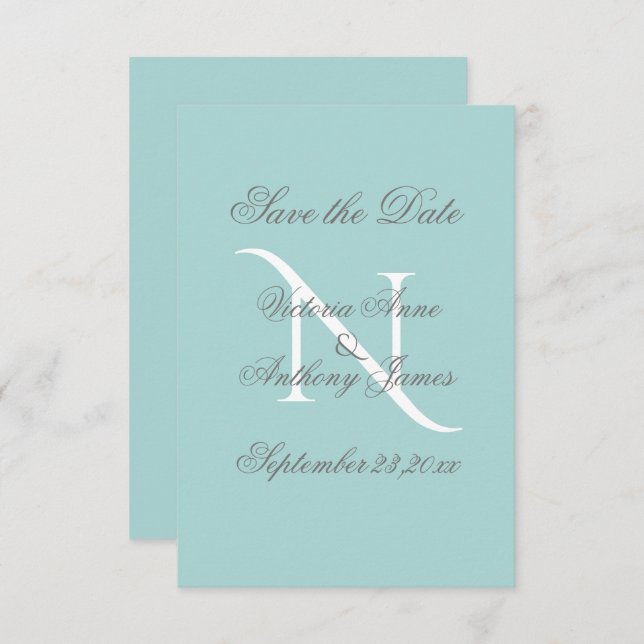 Blue White Monogram Script Wedding Save The Date (Vorne/Hinten)
