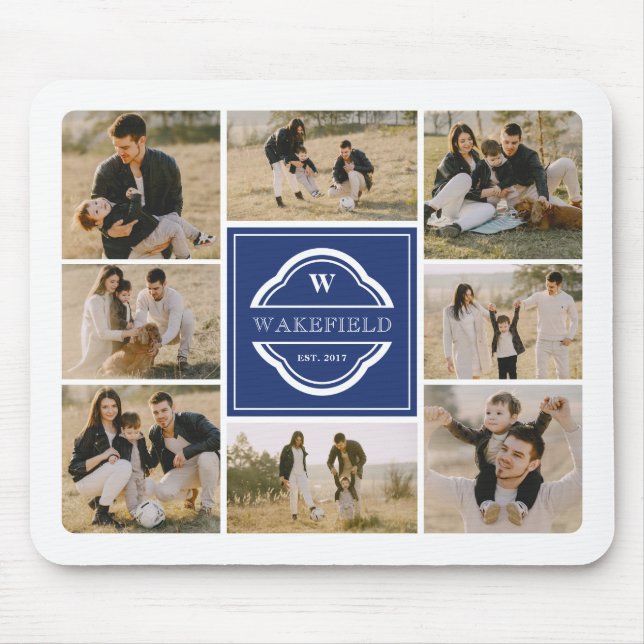 Blue White Monogram & Year Foto Collage Mousepad (Vorne)