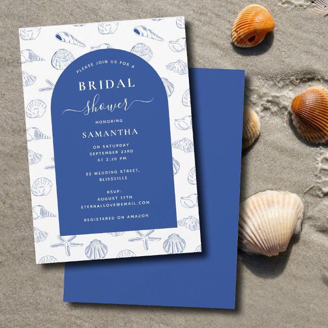 Blue White Muscheln Beach Summer Brautparty Einladung (Blue White Sea Shells Beach Summer Bridal Shower Invitation)
