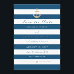 Blue White Nautic Save the Date Flat Foto Card<br><div class="desc">Passen Sie diese stilvolle moderne Nautical Wedding an. Speichern Sie die vertikale Date-Flachkarte. Blau-weiß gestreiftes Design, vollständig anpassbar und Set als Vorlage für Ihre einfache Anpassung mit Ihrem bevorzugten Foto auf der Rückseite. Feines, modernes Design mit goldenem Anker in den Imitaten. Die dunkelblaue Farbe der Streifen ist anpassbar und kann...</div>