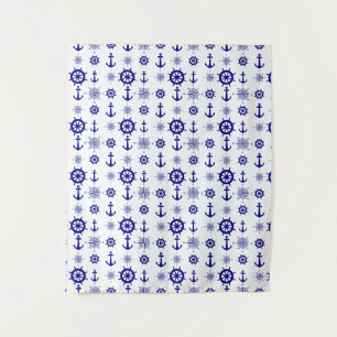 Blue White Nautical Coastal Boating Wandteppich