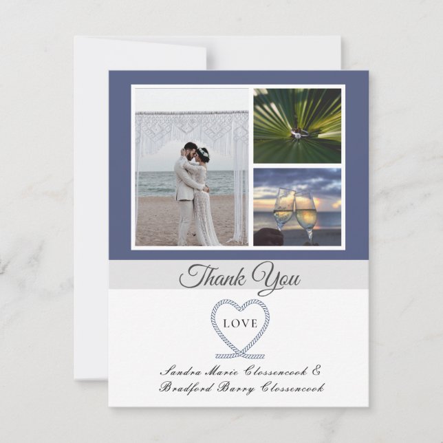 Blue White Nautical Heart Anchor Wedding Foto als Dankeskarte (Vorderseite)