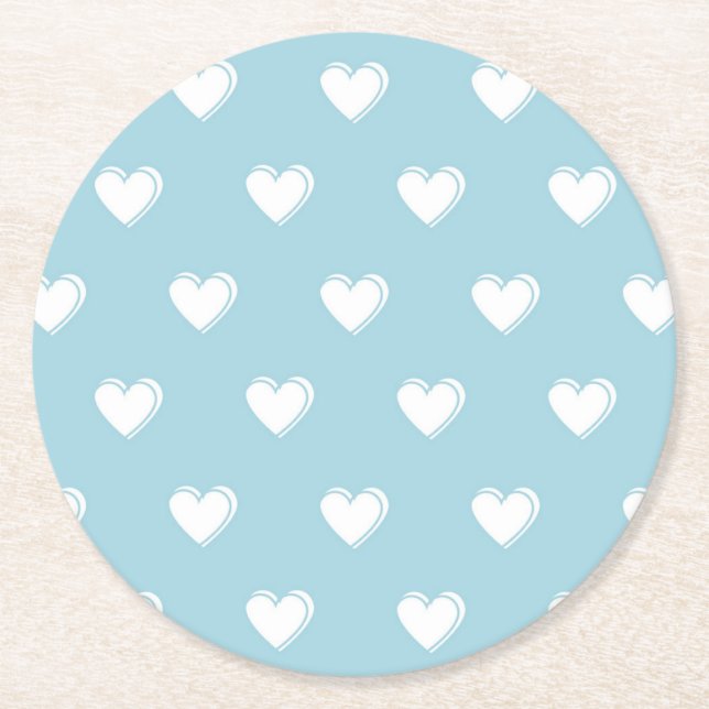 Blue White Niedlich Simple Heart Pattern Runder Pappuntersetzer (Vorderseite)