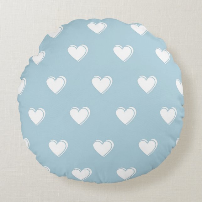 Blue White Niedlich Simple Heart Pattern Rundes Kissen (Vorderseite)