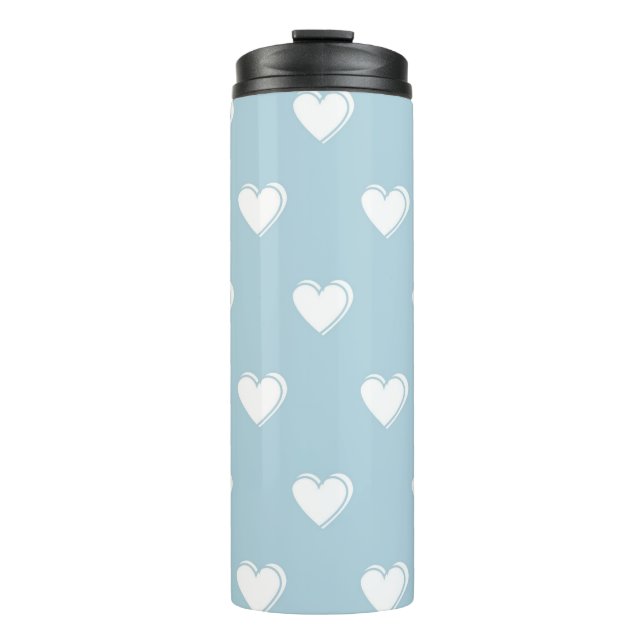 Blue White Niedlich Simple Heart Pattern Thermosbecher (Vorderseite)