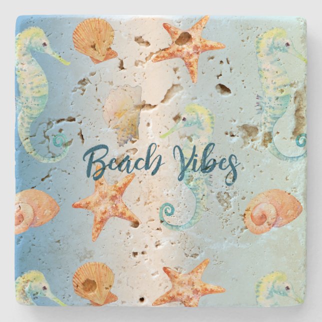 Blue White Ombre Muscheln Seepferd Starfish Steinuntersetzer (Vorderseite)
