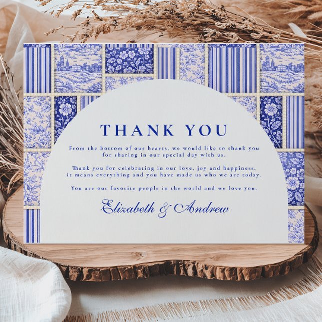 Blue White Patchwork Toile Wedding Dankeskarte (Von Creator hochgeladen)
