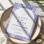 Blue White Patchwork Toile Wedding Save The Date<br><div class="desc">A timeless blue and white design inspired by classic Delft porcelain and French toile patterns. The patchwork tile border combines delicate florals, stripes, and ornamental motifs that evoke vintage European ceramics. A soft arched panel in the center keeps the layout refined and elegant while allowing the details of the porcelain-inspired...</div>