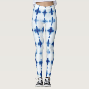 Blue White Pattern Shibori Indigo Blue Gefärbte Kr Leggings