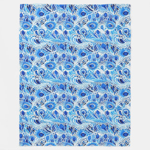 Blue White Peacock Feathers Fleecedecke
