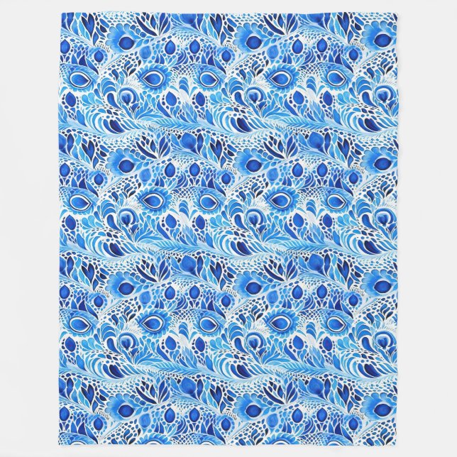 Blue White Peacock Feathers Fleecedecke (Vorderseite)