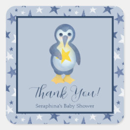 Blue White Pinguin Stars Baby Dusche Danke Quadratischer Aufkleber