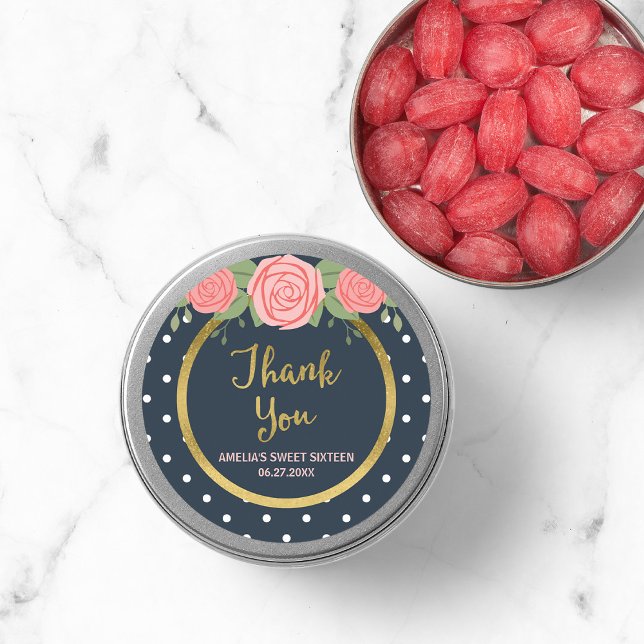 Blue & White Polka Dot, Blush Pink Roses Vielen Da Runder Aufkleber (Von Creator hochgeladen)