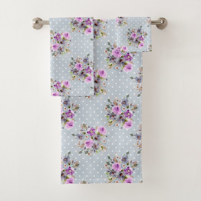 Blue White Polka Dot Lila Aquarellblüte Badhandtuch Set (Insitu)