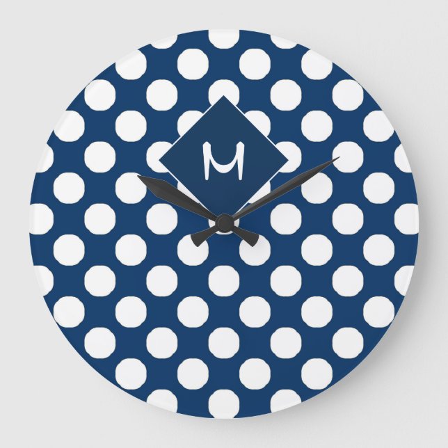 Blue White Polka Dot Pattern Monogram Große Wanduhr (Vorderseite)