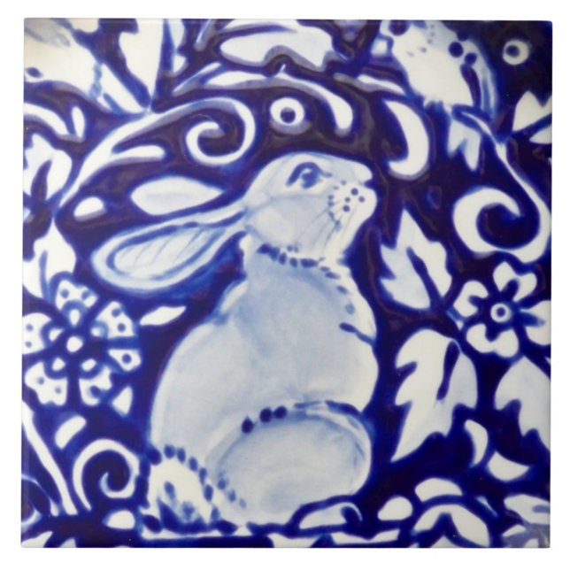 Blue & White Rabbit Bird Floral Dedham Tile Trivet Fliese (Vorderseite)