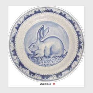 Blue & White Rabbit Bunny Delft Dedham Round Aufkleber