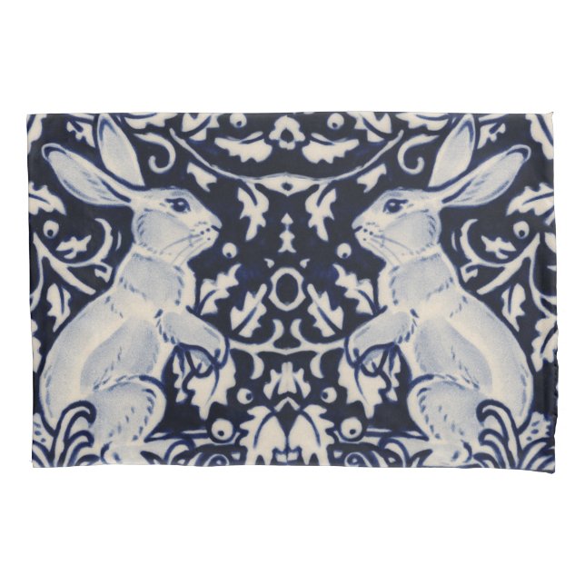 Blue & White Rabbit Bunny Elegante Kunst, Dichtung Kissenbezug (Vorderseite)