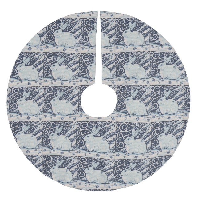 Blue White Rabbit Designer Weihnachtsbaumrock Polyester Weihnachtsbaumdecke (Vorderseite)