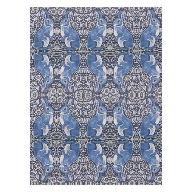 Blue White Rabbit Floral Art Nouveau Nappe (Devant)