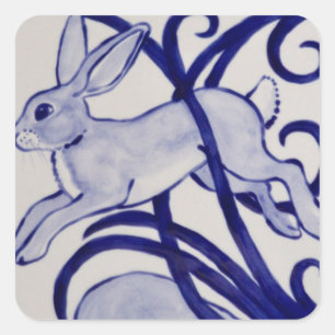 Blue & White Rabbit Hare Art Deco Tile Scroll Quadratischer Aufkleber