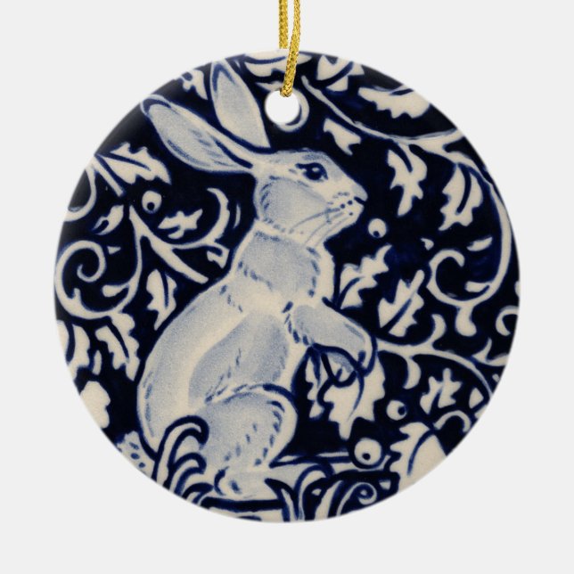 Blue & White Rabbit Hare Bunny Christmas Woodland Keramik Ornament (Vorne)