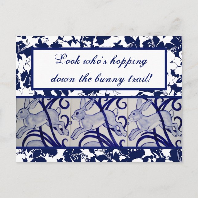 Blue & White Rabbit Hare Bunny Deco Ostern Postkarte (Vorderseite)